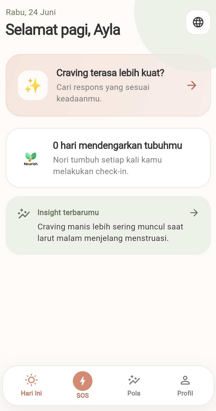 Nourish home screen with craving insights