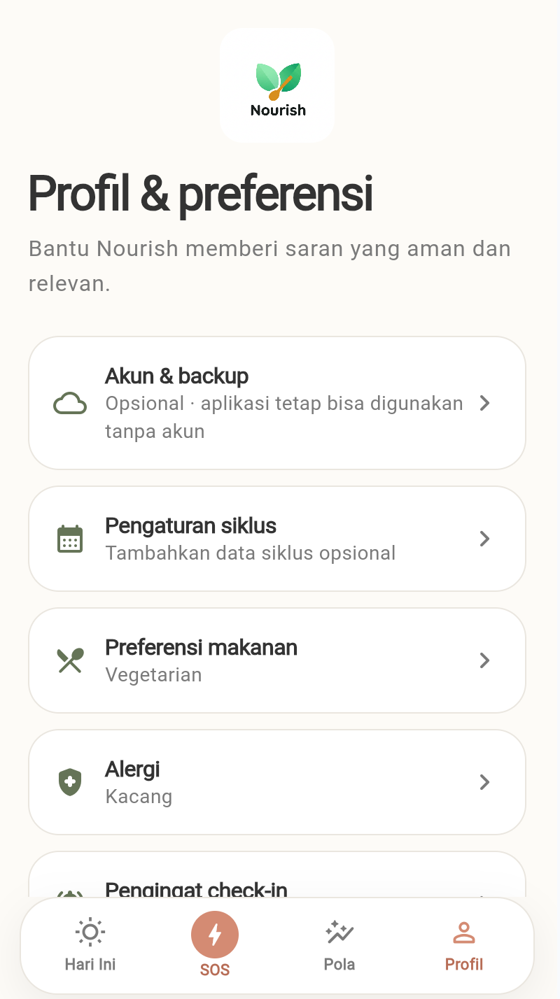 Nourish profile and preferences screen
