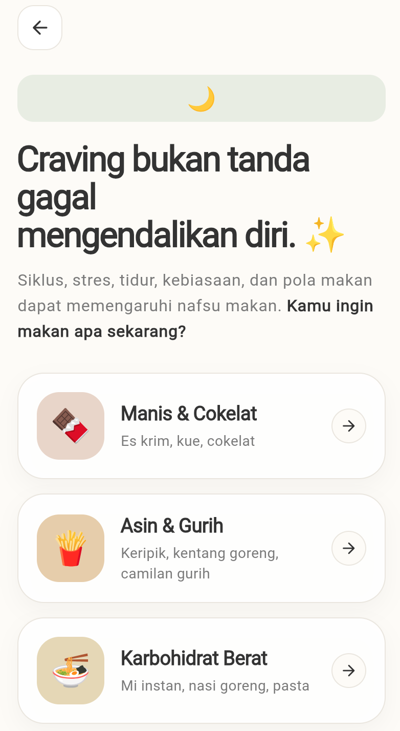 Nourish SOS craving screen with category options